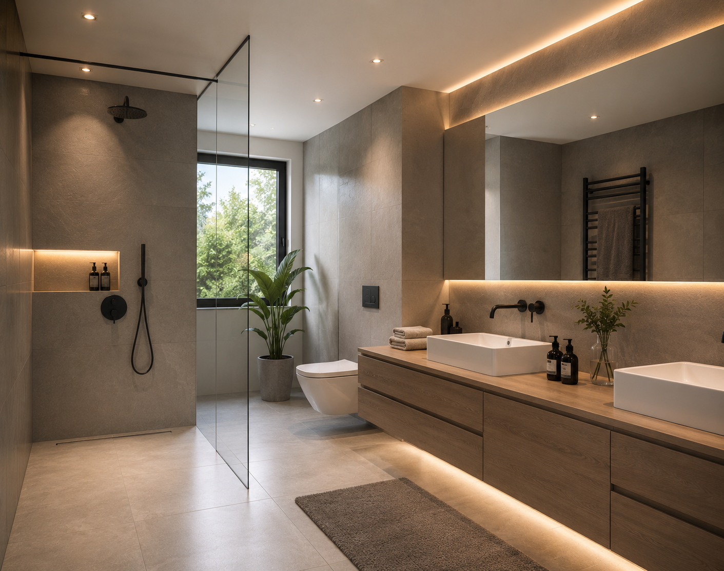 Modernes Badezimmer mit bodengleicher Dusche und hochwertiger Ausstattung